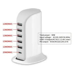 40W Charging Station, For Quick Charging,6 -port USB (shared 6A). USB Charging Center Smart IC. Charger Tower With Type-C 3A, Suitable For IPhoneiPad/Samsung/Android/tablet Smart Phones, Home Office Use.